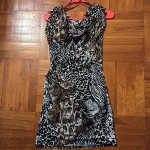 Laundry side ruched animal print dress with cowl neck & back, size 2, preloved